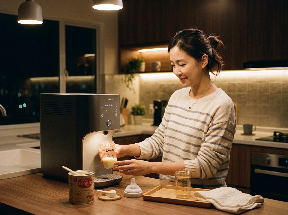 Ibu menyiapkan susu bayi malam hari dengan Coway Ombak